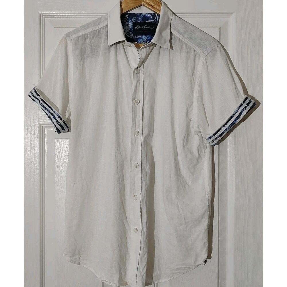 Men's Robert Graham Shirt White Short Sleeve Button Up Linen/Cotton Blend - M